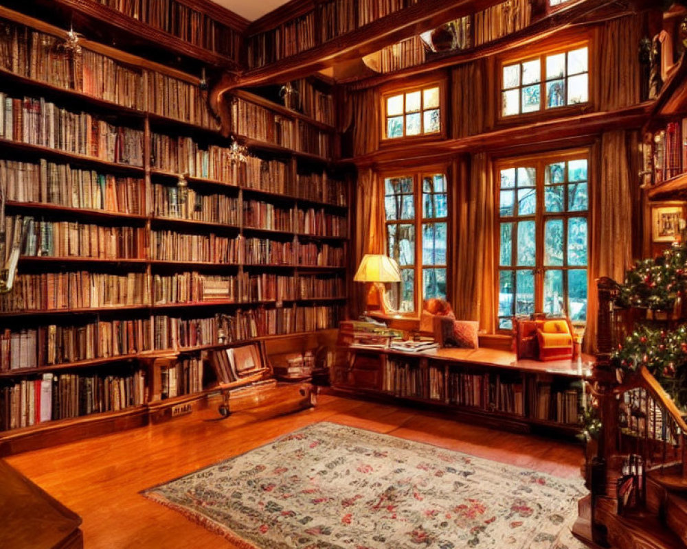 Traditional Home Library with Wooden Bookshelves & Christmas Tree