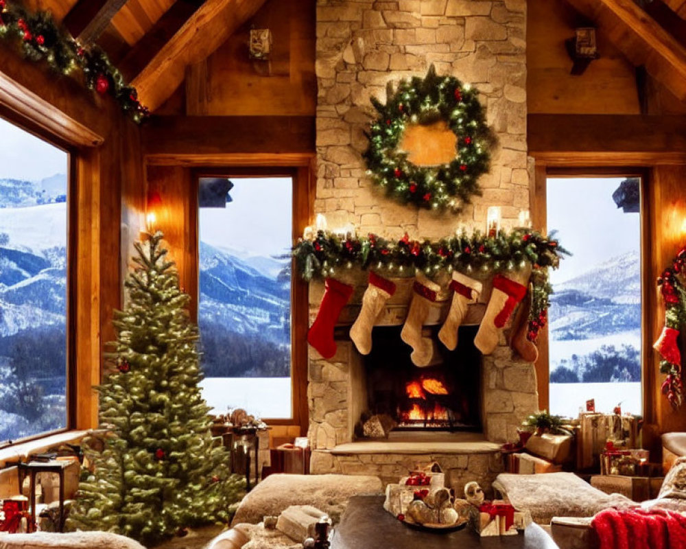 Cozy holiday room with fireplace, Christmas tree, and snowy mountain view.