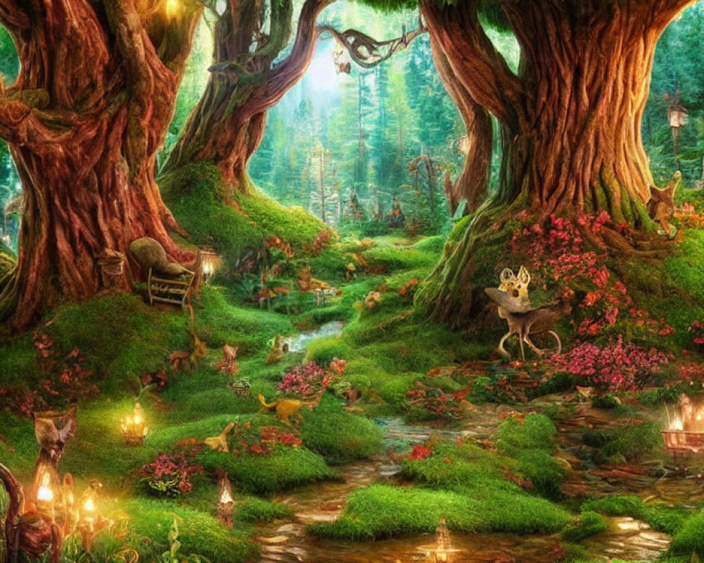 Fantastical forest with vibrant greenery, trees, stream, whimsical creatures, glowing lights,