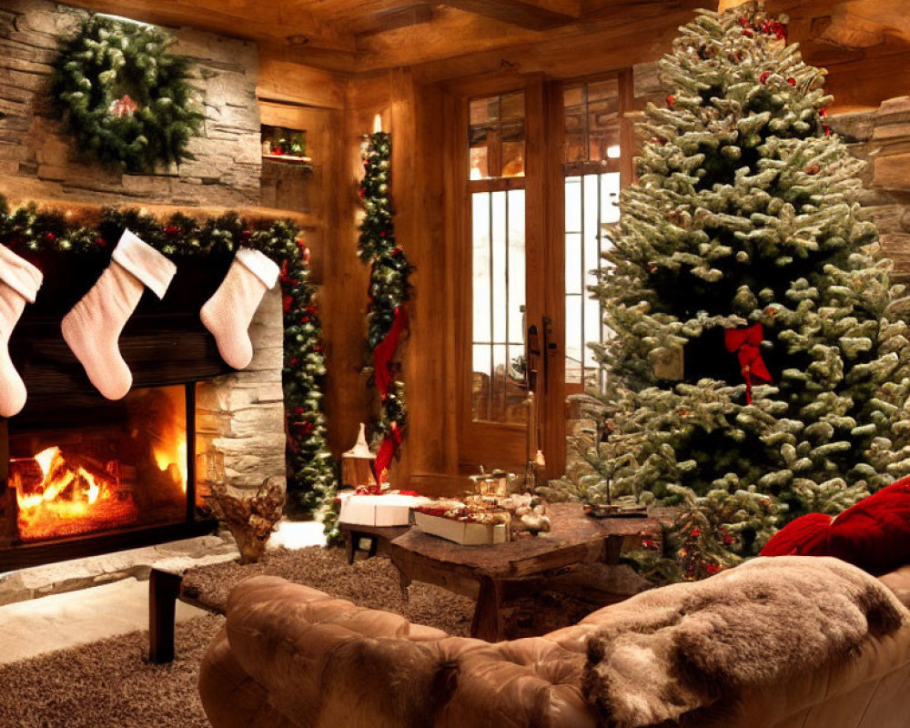 Festive Christmas room with fireplace, tree, gifts, and decorations