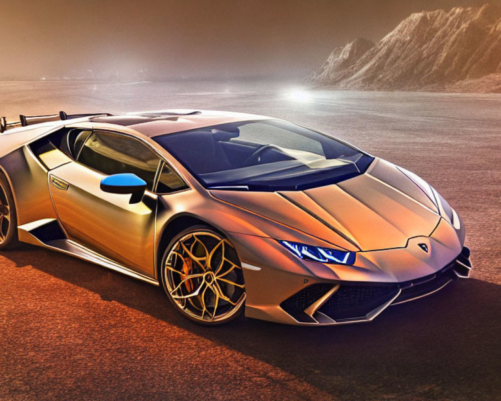 Luxurious Gold and Blue Lamborghini Huracán on Desert Road at Dusk