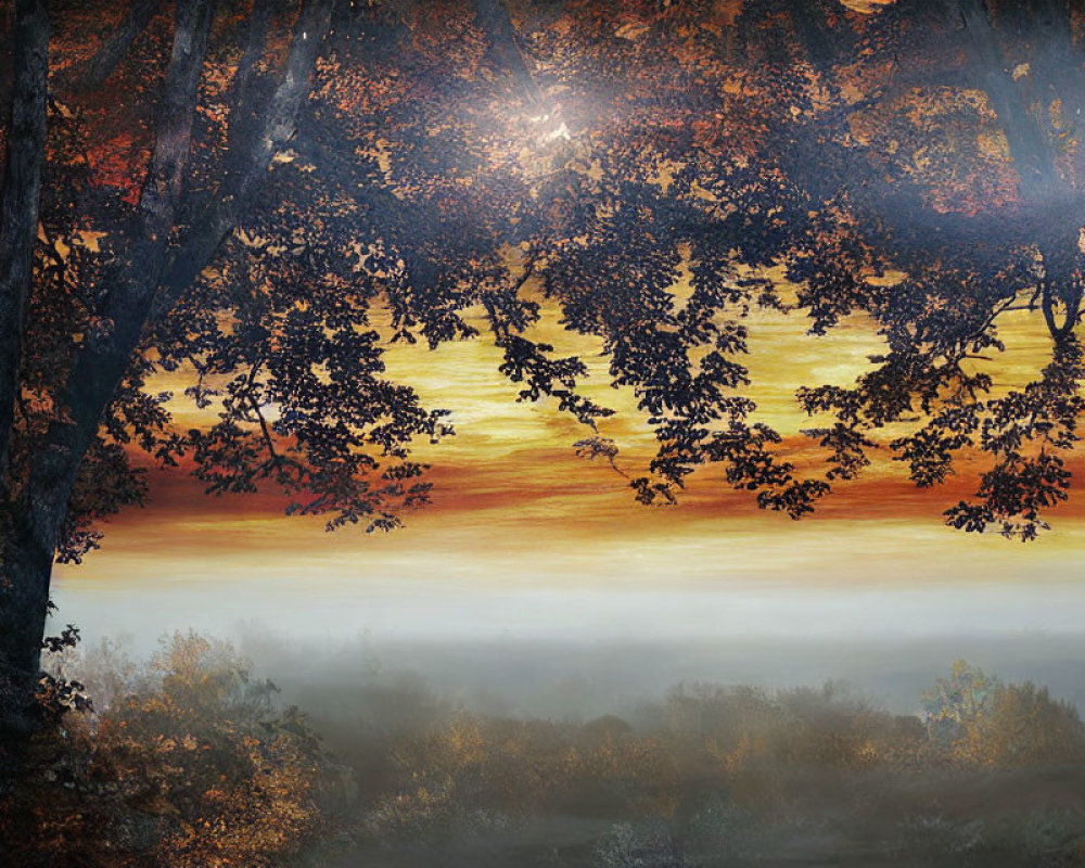 Ethereal landscape with golden sunlight and mist-covered forest