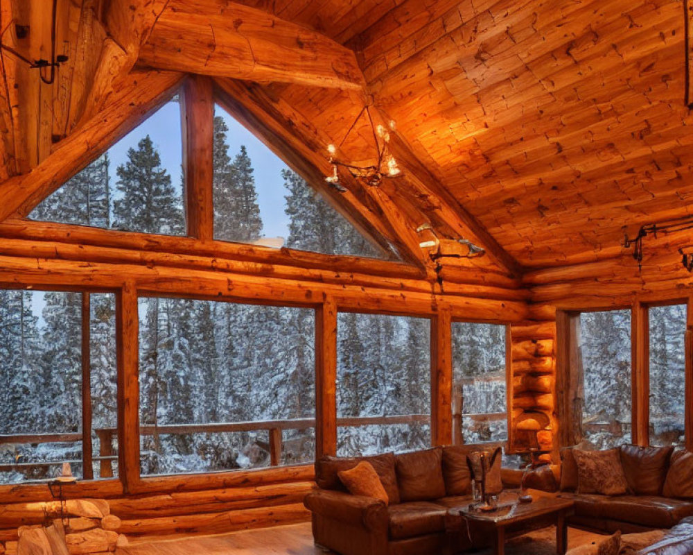 Snowy landscape view from cozy log cabin interior with plush sofas