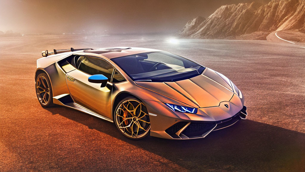 Luxurious Gold and Blue Lamborghini Huracán on Desert Road at Dusk