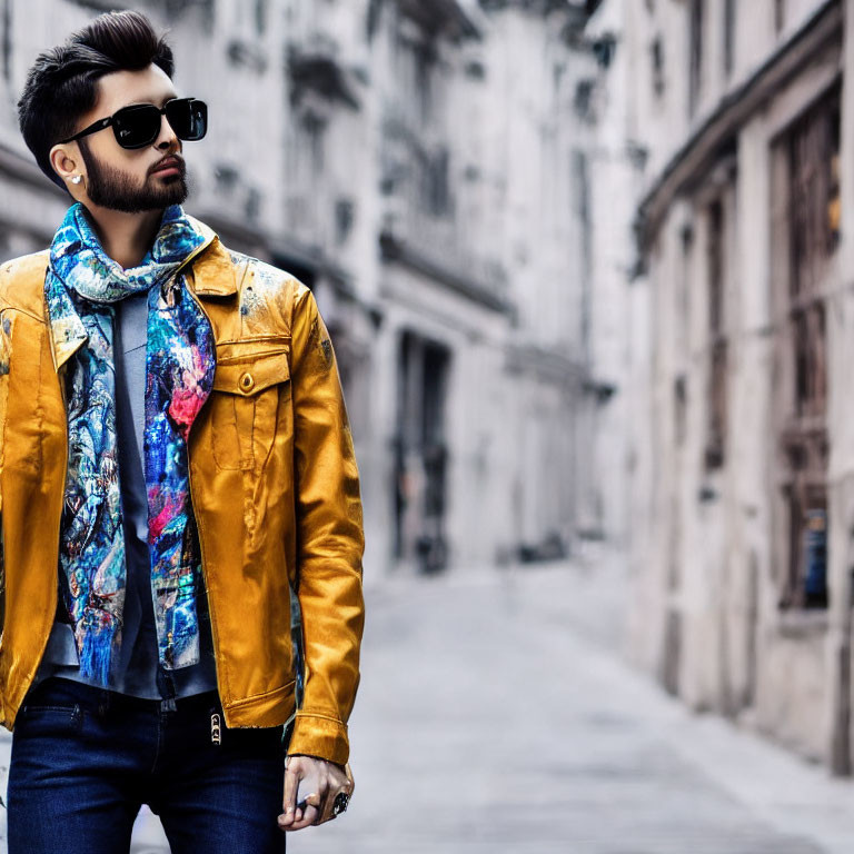 Fashionable man in yellow jacket and sunglasses posing in urban alleyway