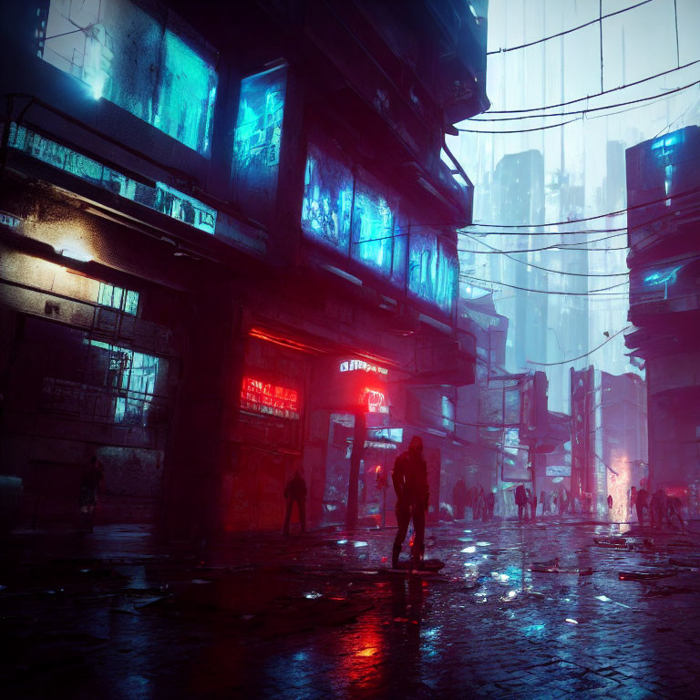 Futuristic urban alley at night with neon lights and rain, silhouettes of people and towering