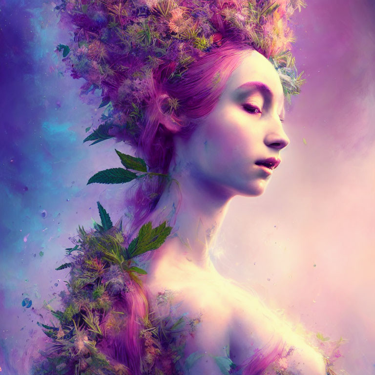 Colorful portrait of a woman with purple and pink floral accents and dreamy background