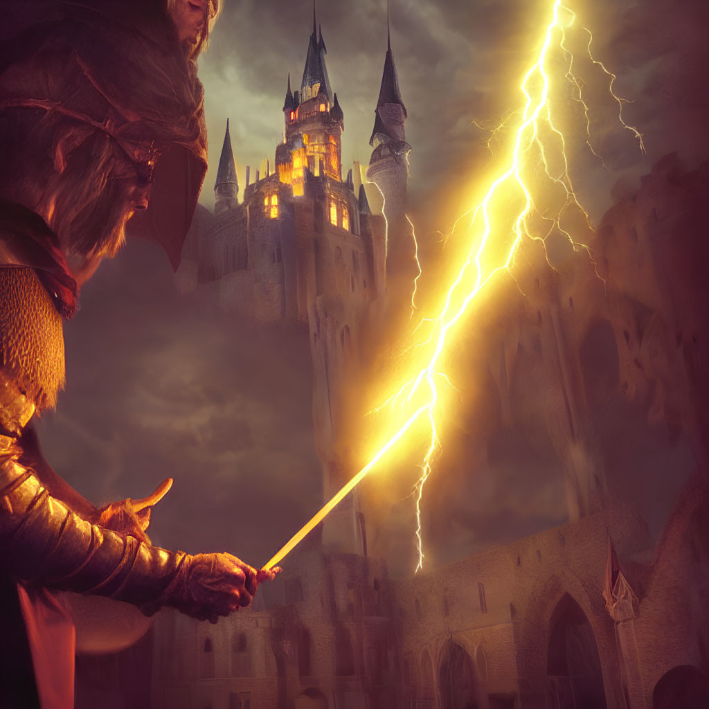 Wizard casting lightning spell at castle under stormy sky