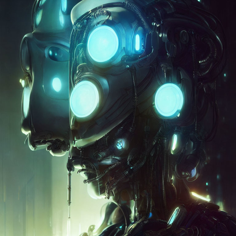 Detailed Close-Up of Futuristic Robot with Blue Illuminated Eyes