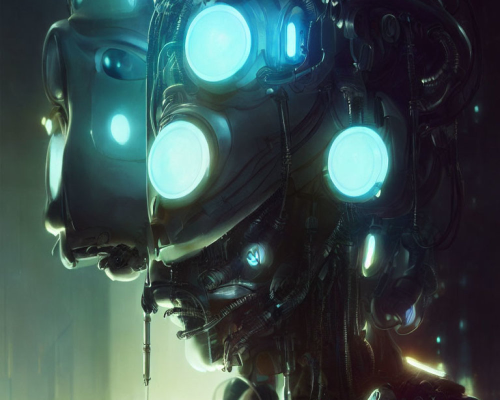 Detailed Close-Up of Futuristic Robot with Blue Illuminated Eyes