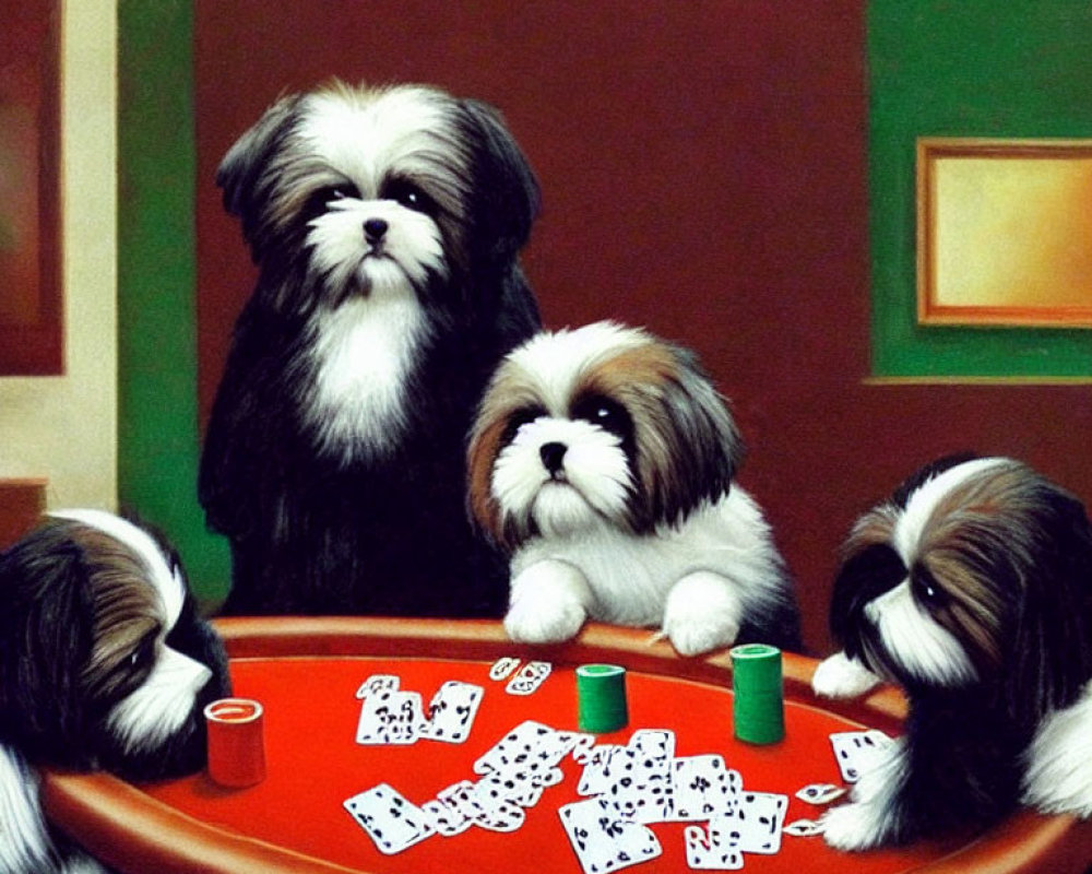 Four Dogs Playing Poker at Table with Cards and Chips