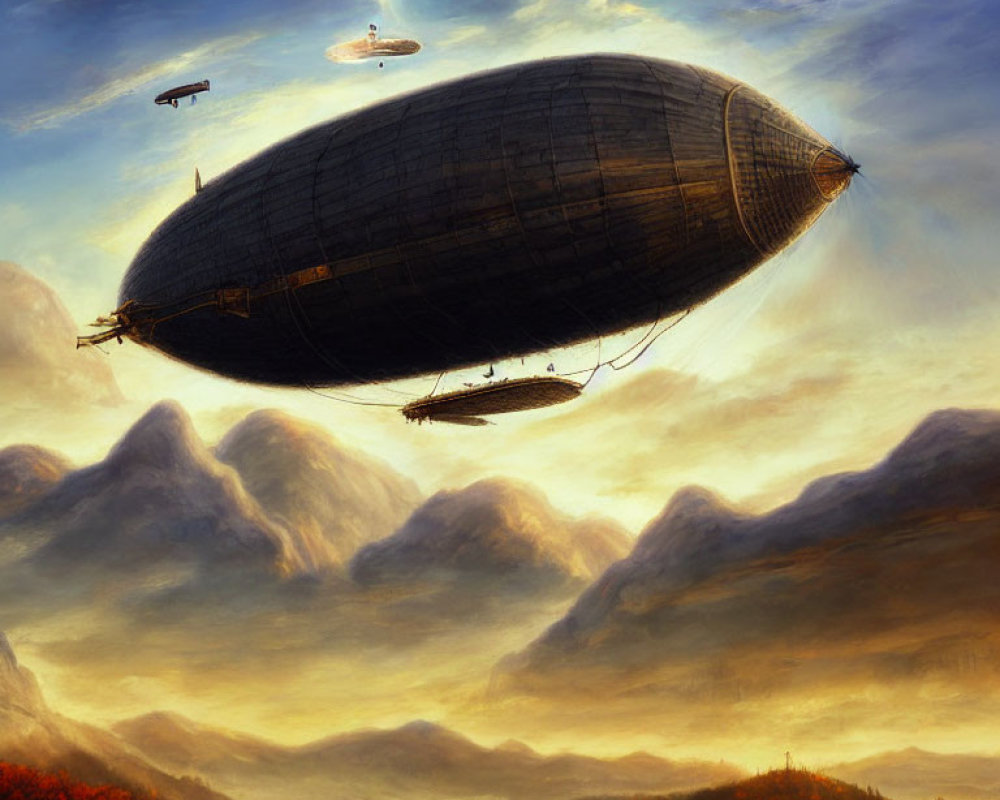 Majestic airship above cloud-covered hills at sunset