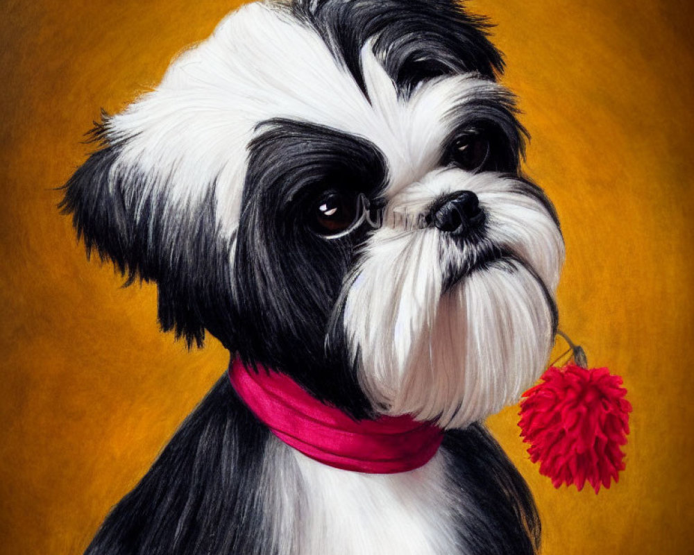 Detailed black and white Shih Tzu with pink collar holding red flower on yellow background