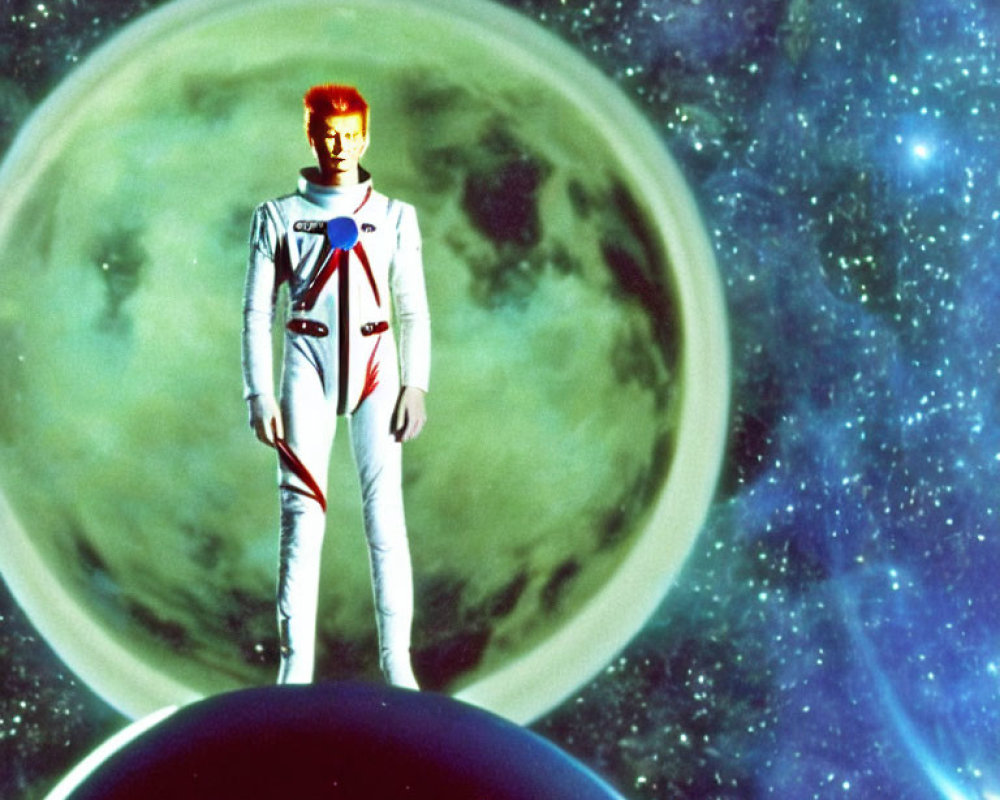 Spacesuit-wearing person in front of celestial sphere with star-filled space