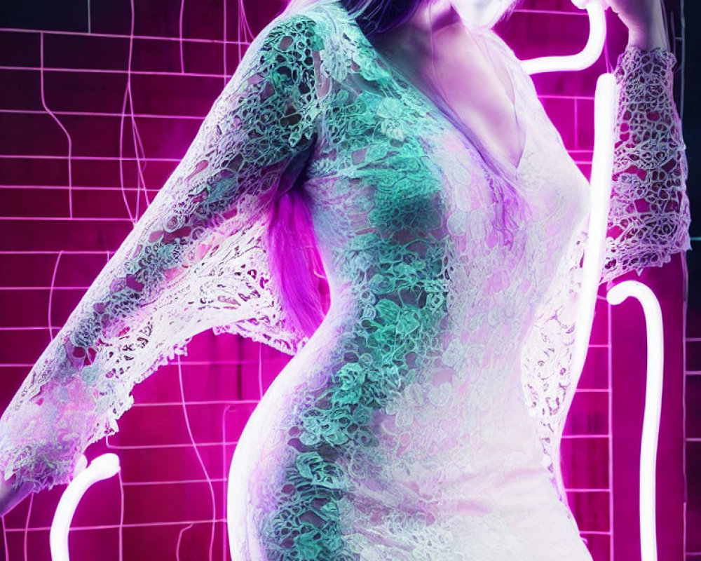 Woman in lace dress with purple hair against neon-lit grid background