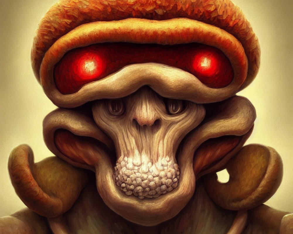 Creature with Mushroom Cap and Glowing Red Eyes: Stylized Artistic Image