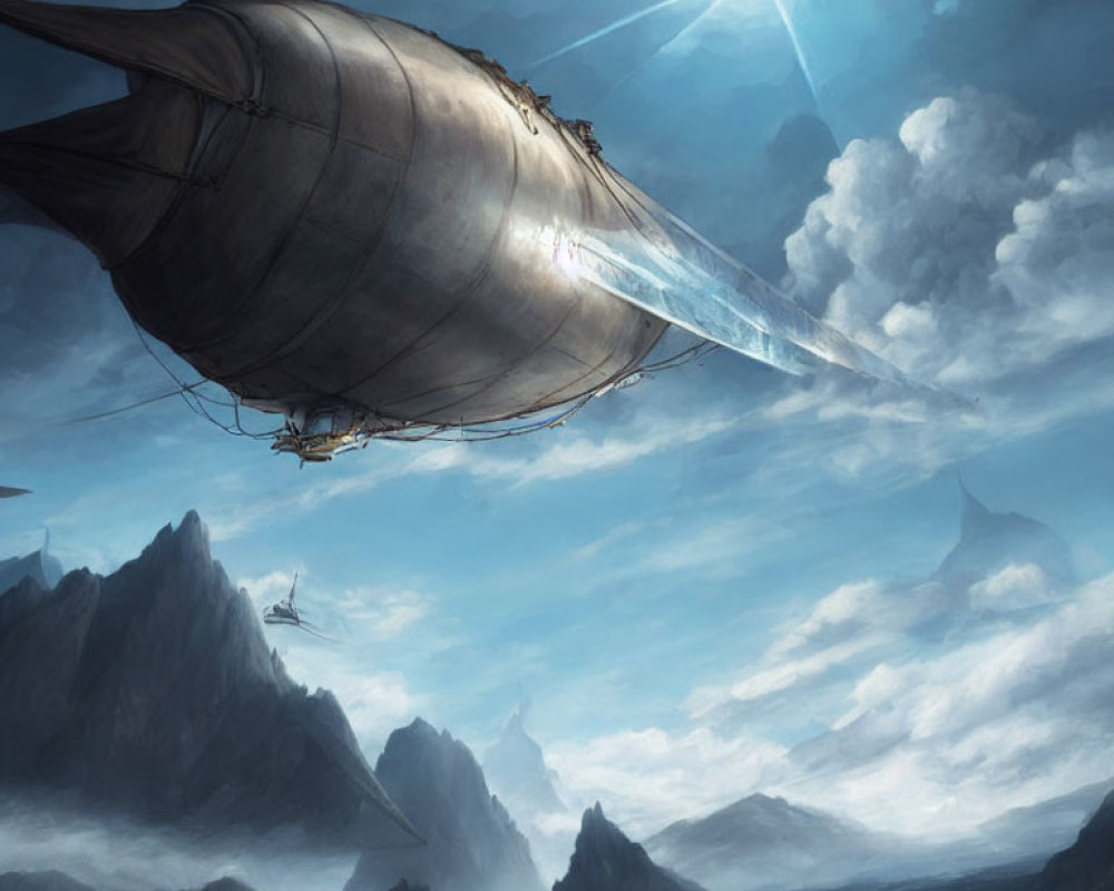 Fantastical airship soaring over misty mountain peaks