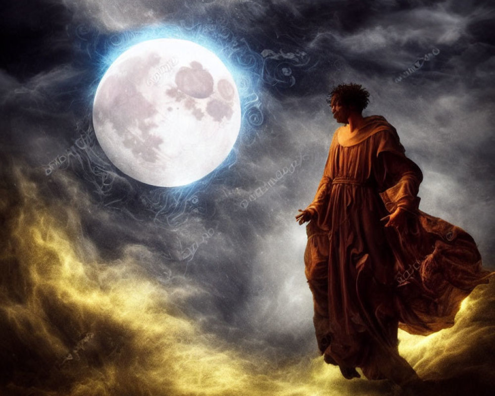 Majestic figure in flowing robe under eclipsed full moon