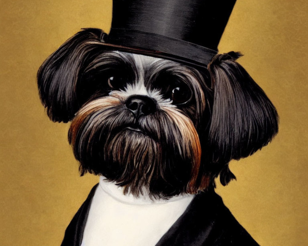 Stylized portrait of a dog in top hat on golden background
