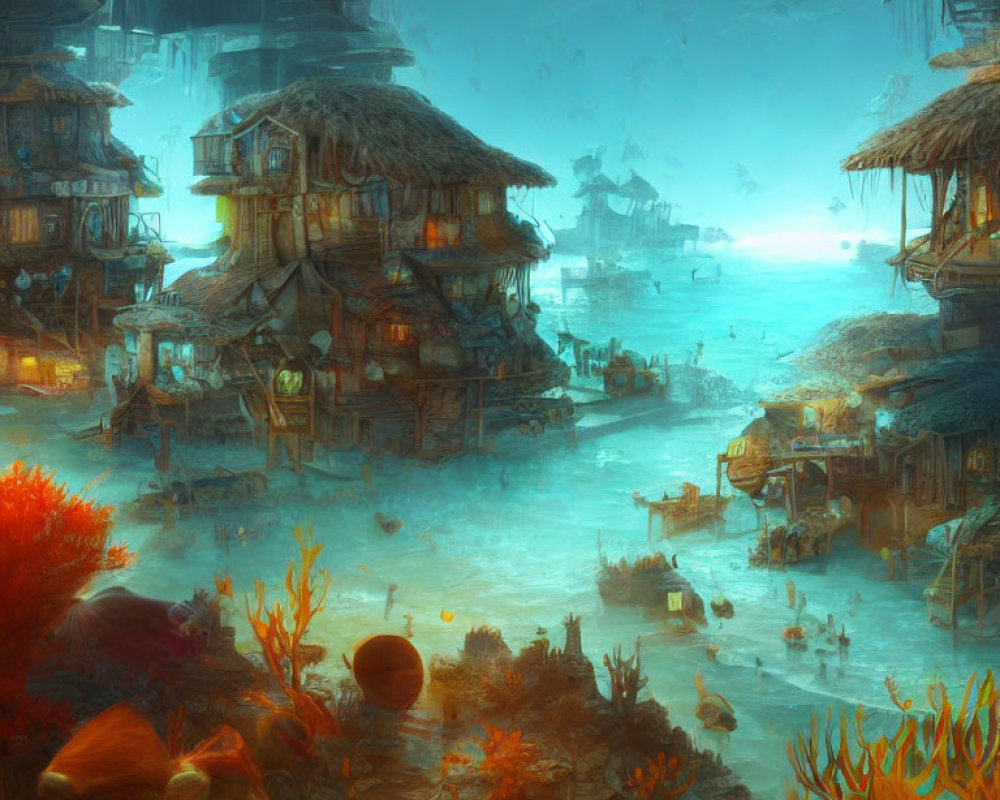 Submerged village with rustic houses in coral reefs and eerie light