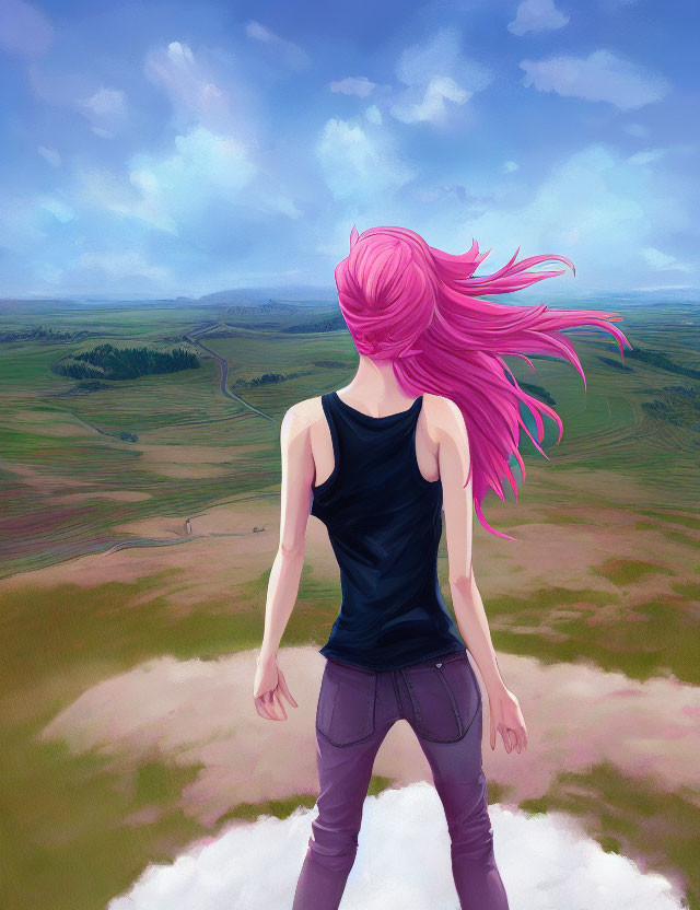 Pink-Haired Person on Hilltop Overlooking Green Landscape