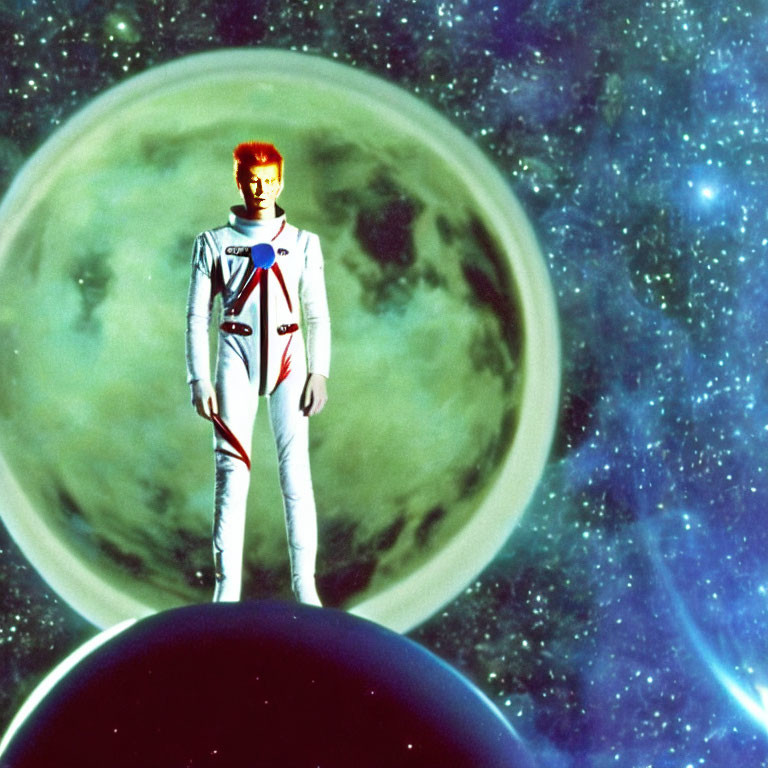 Spacesuit-wearing person in front of celestial sphere with star-filled space