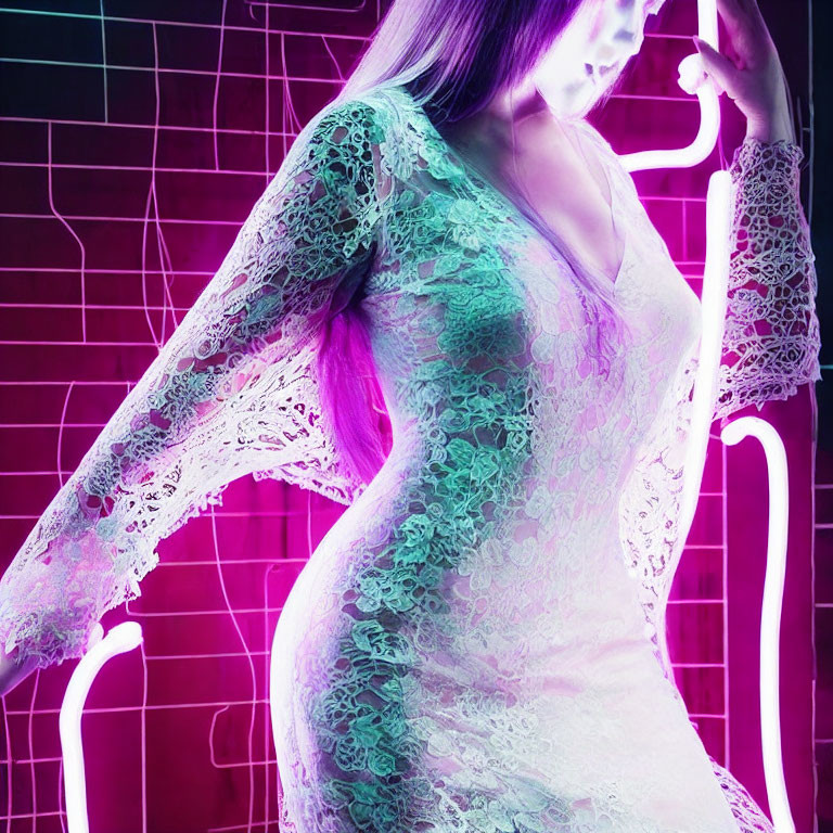 Woman in lace dress with purple hair against neon-lit grid background