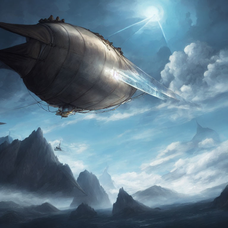 Fantastical airship soaring over misty mountain peaks