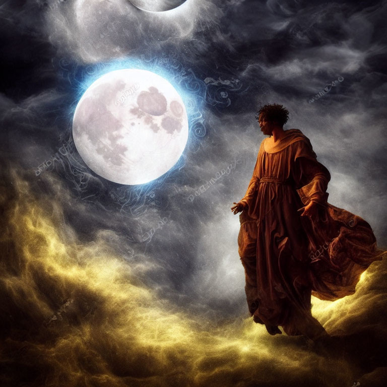 Majestic figure in flowing robe under eclipsed full moon