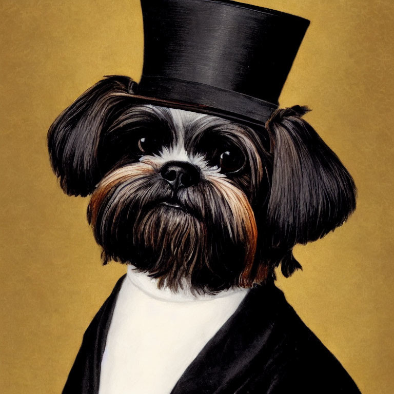 Stylized portrait of a dog in top hat on golden background