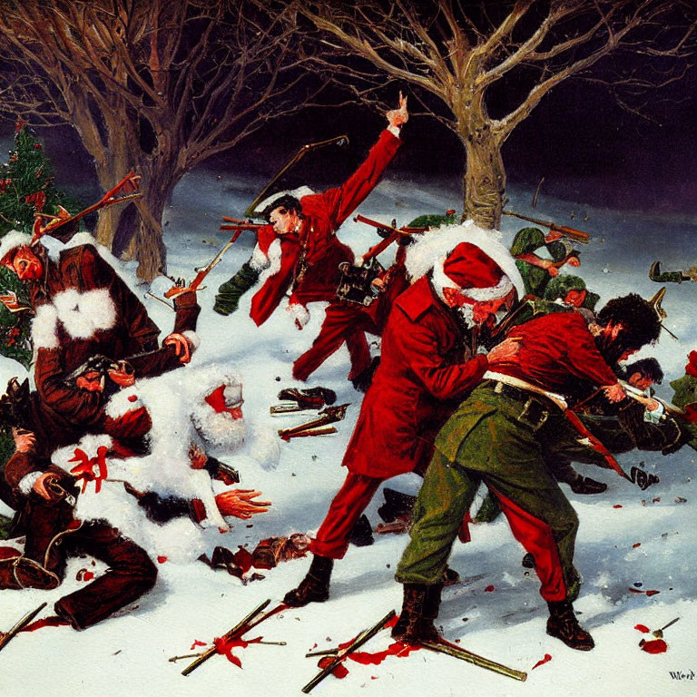 Vintage Winter Attire Snowball Fight Illustration in Chaotic Scene