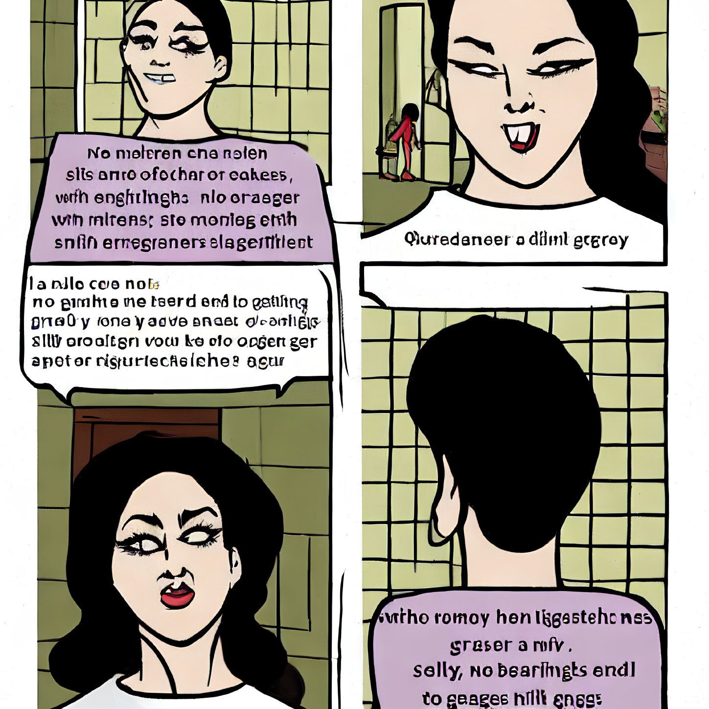 Comic Strip: Stylized Woman Emoting in Foreign Script, Retro Aesthetic