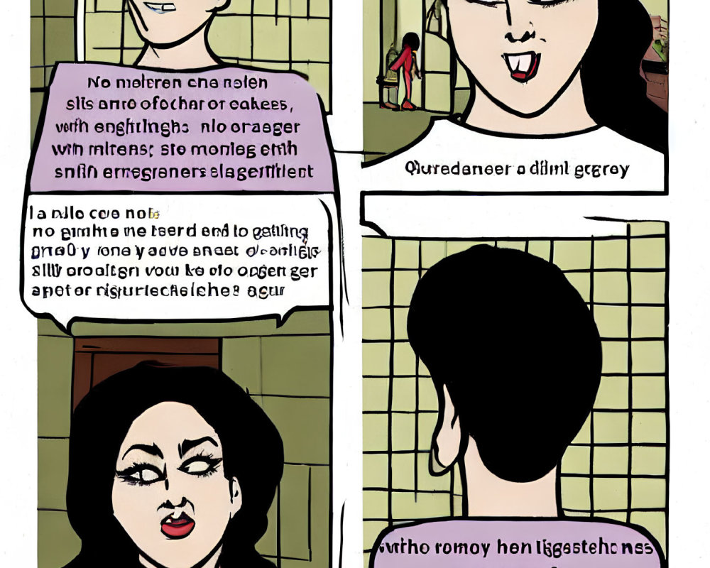 Comic Strip: Stylized Woman Emoting in Foreign Script, Retro Aesthetic