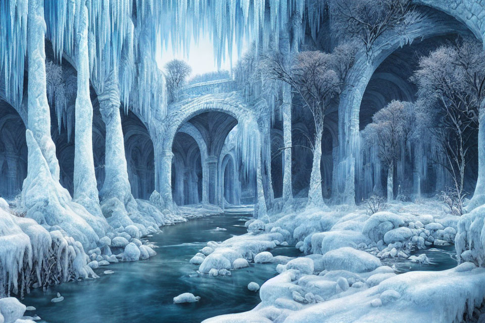 Frozen river, snow-covered trees, ancient arches in icy landscape