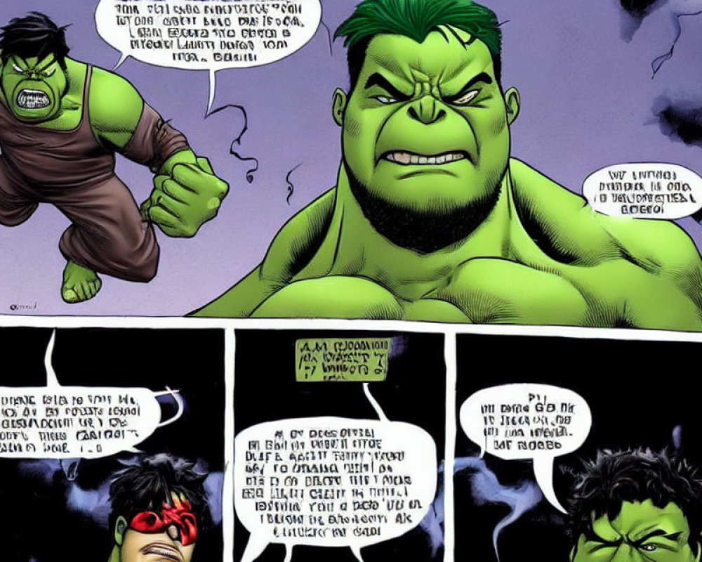 Comic Book Page: Angry Hulk Speaking in Foreign Language with Red Glasses Character Reacting