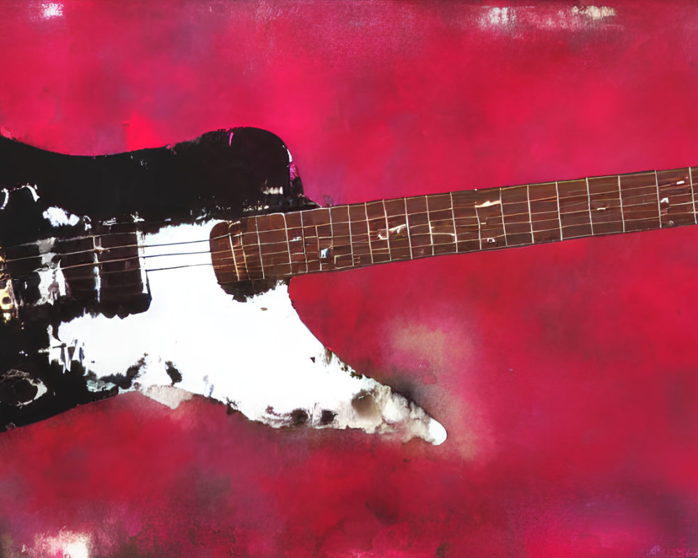 Vintage black and white electric guitar on crimson textured background