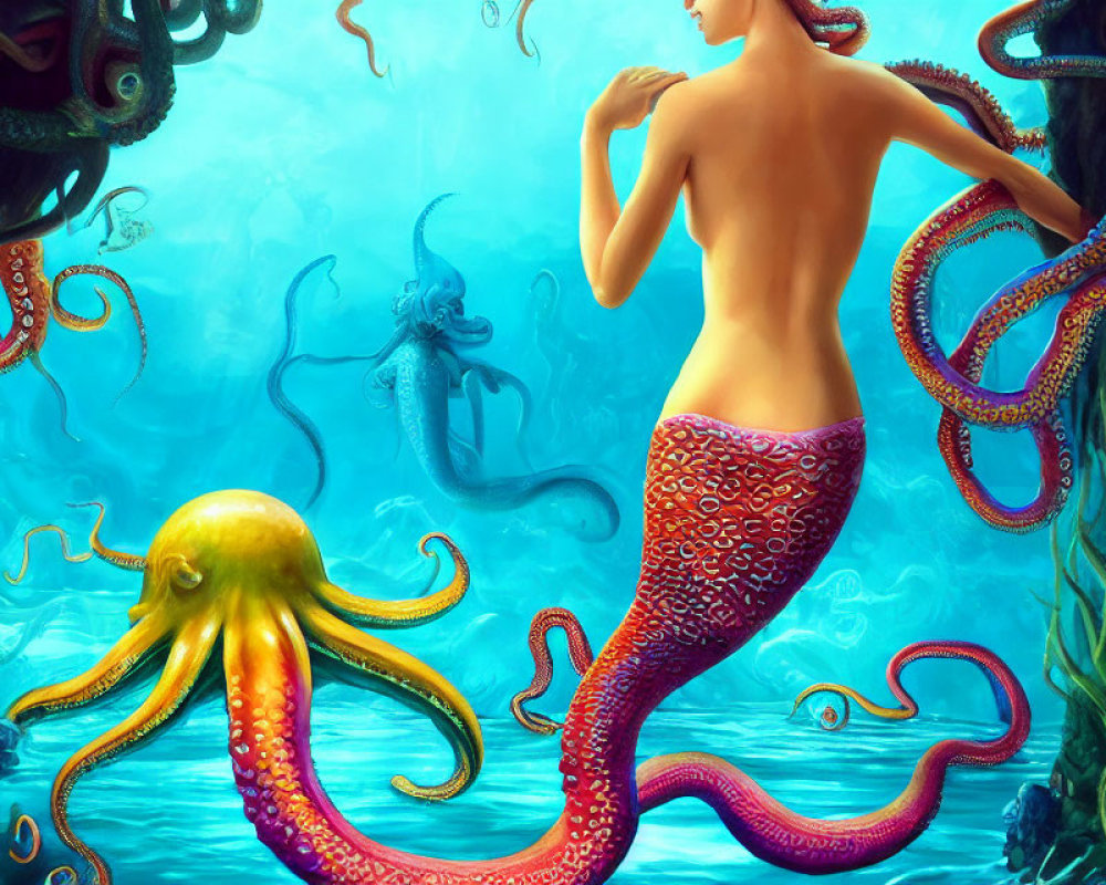 Red-tailed mermaid surrounded by octopuses in underwater setting