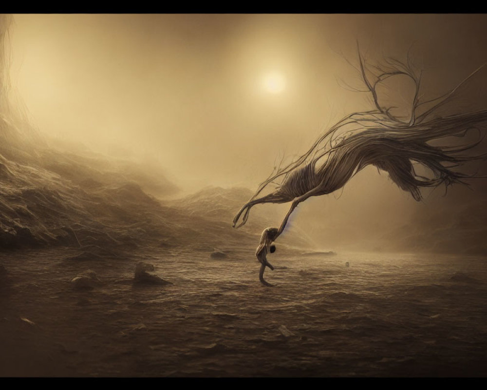 Surreal landscape with hazy sun and floating figure in ethereal dance
