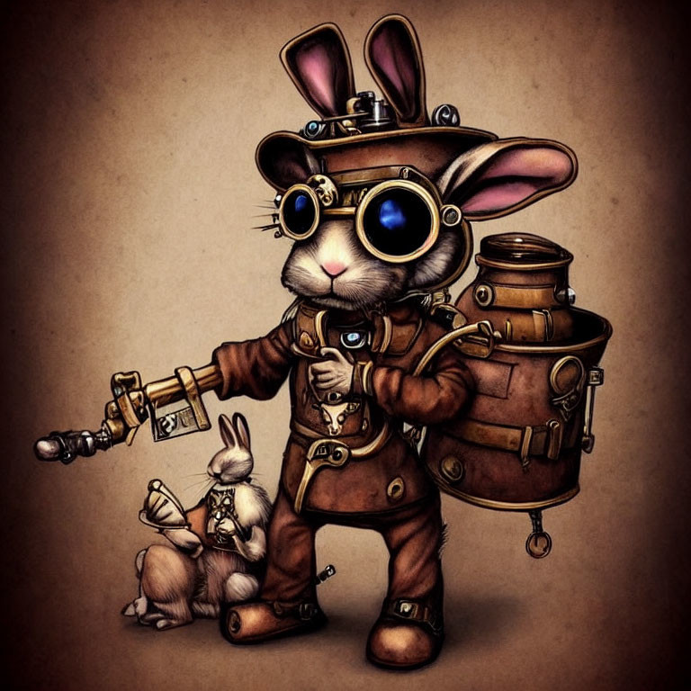 Steampunk-style illustration of rabbits with goggles, backpack, and mechanical arm