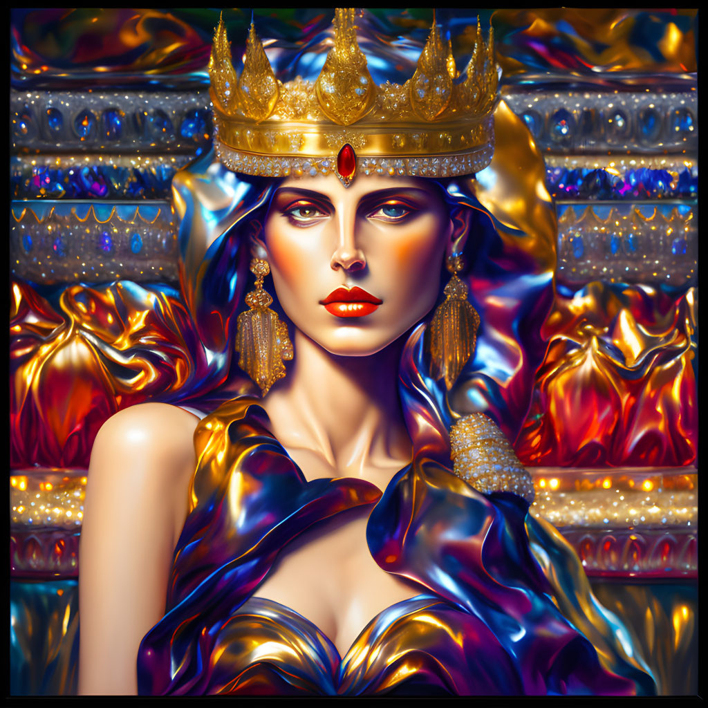Regal digital portrait of a woman with striking eyes in golden crown and luxurious robe