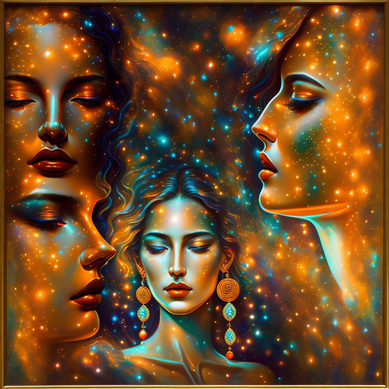 Celestial female faces with cosmic backdrop and intricate earrings