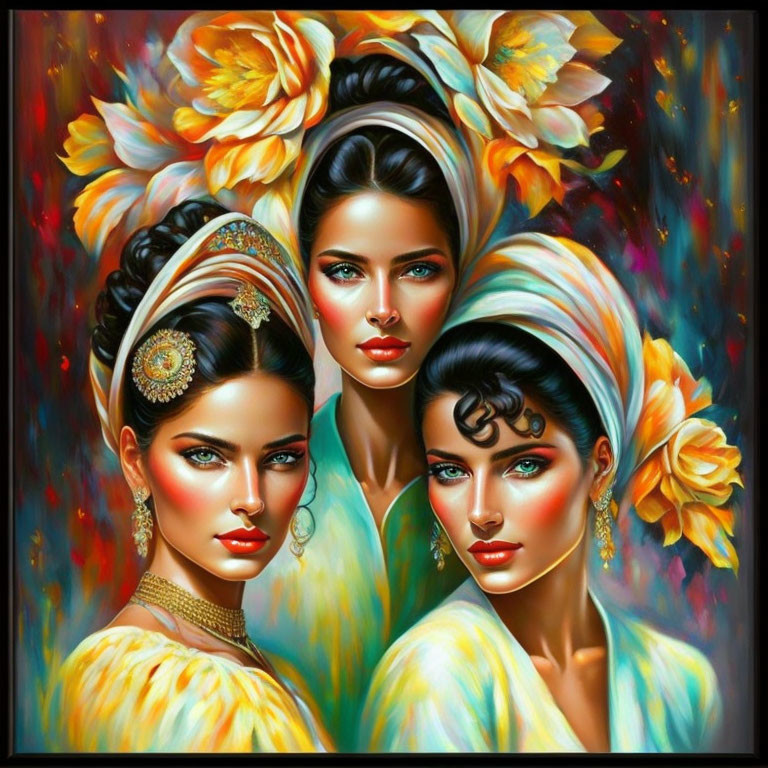 Three women adorned with floral and jeweled accessories on vibrant background