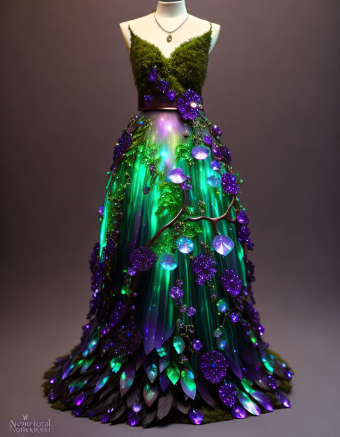 Forest Theme Green Dress with Tree Branch Design and Purple Flowers