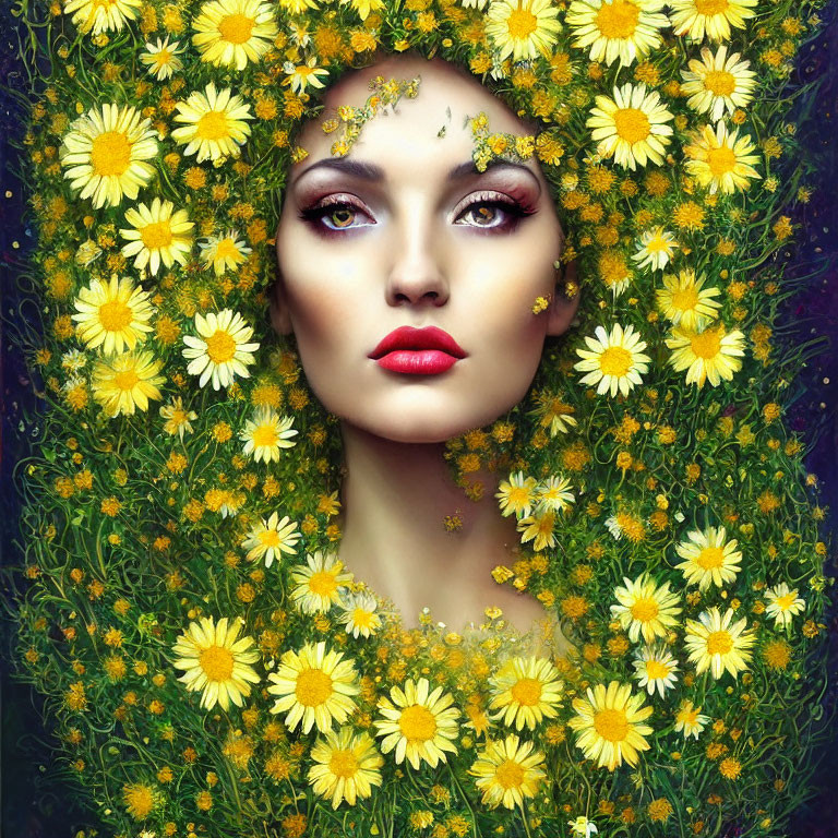 Woman's Face Framed by Yellow Daisy Flowers and Green Foliage with Floral-Themed Makeup Acc
