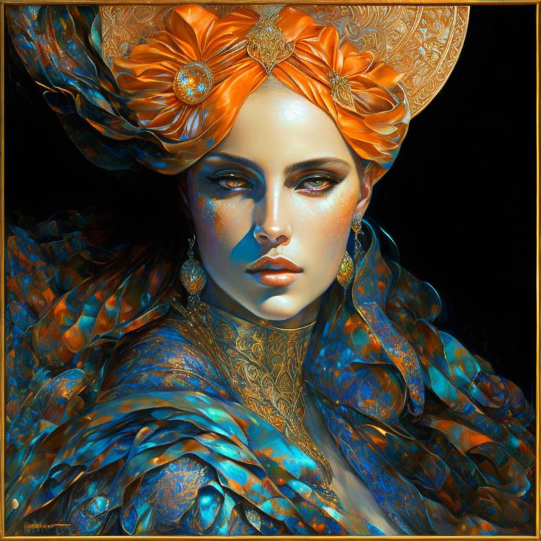 Stylized portrait of woman with ornate orange turban and blue feather collar