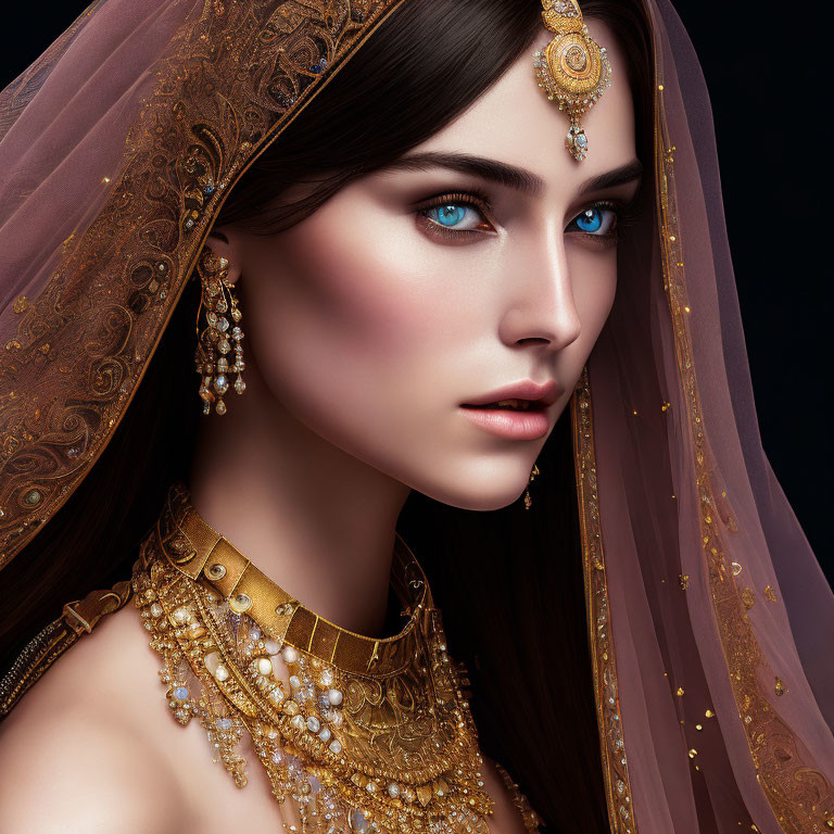 South Asian Bridal Look with Blue Eyes and Gold Jewelry