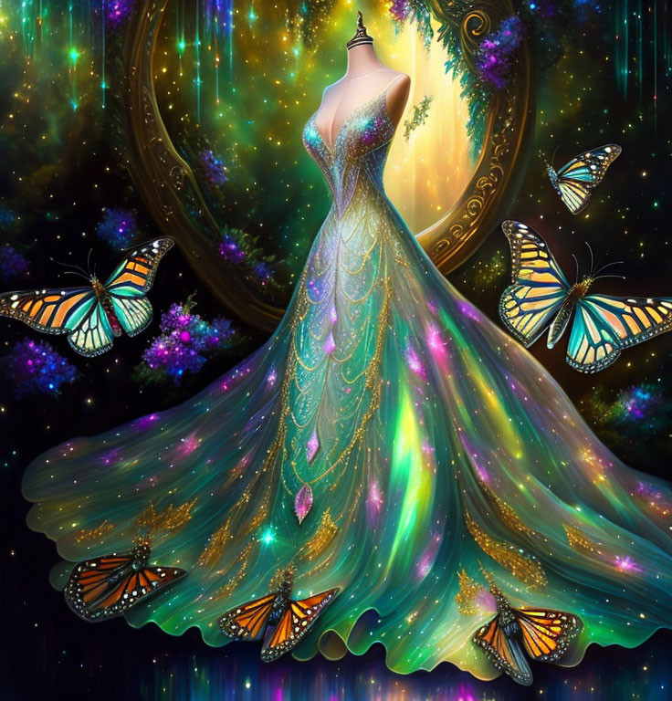 Fantasy-inspired illustration of elegant peacock-feather gown on mannequin surrounded by butterflies and mystical