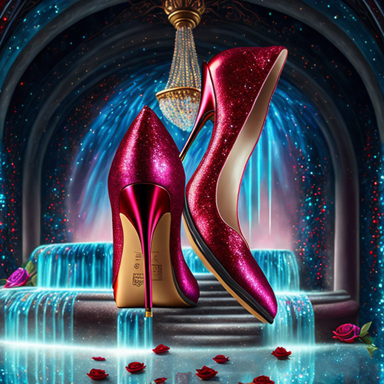 Sparkling Red High-Heeled Shoes in Magical Starry Setting
