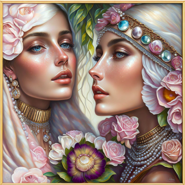 Stylized women with intricate headpieces and jewelry among roses