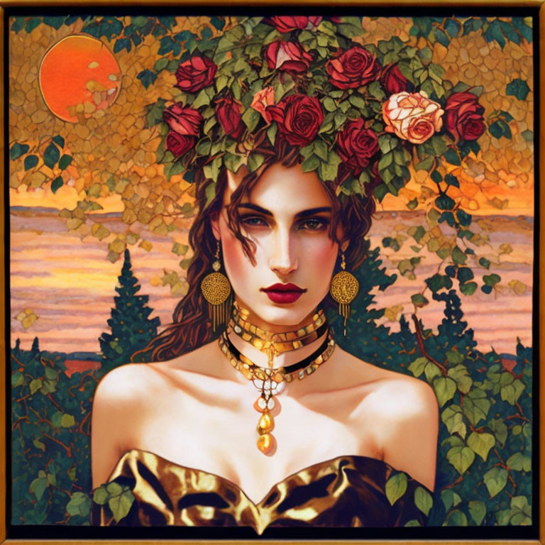 Illustrated woman with red rose crown in sunset-themed mosaic backdrop